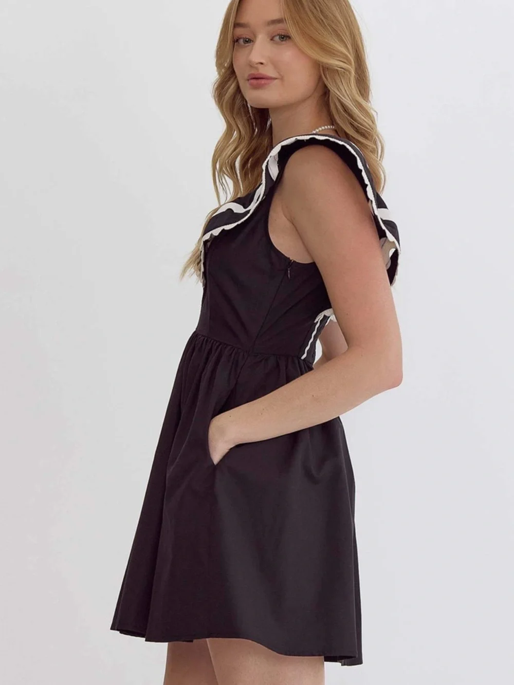 ENTRO Ric Rac Ruffle Mini Dress Black White Size Large NWT - Picture 5 of 15